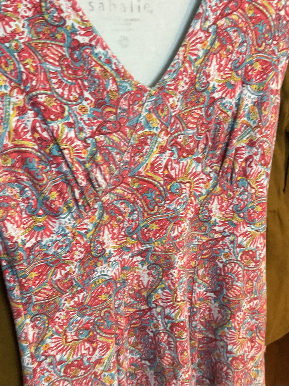 sahalie Red Paisley Wrap-Style Tunic with Blue & Yellow Accents ptp 20~28